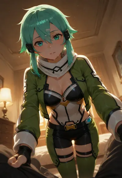 pov, Sinon, sword art online, entered my living room fully clothed, warm interior night time lighting, wide angle, dripping, dynamic angle