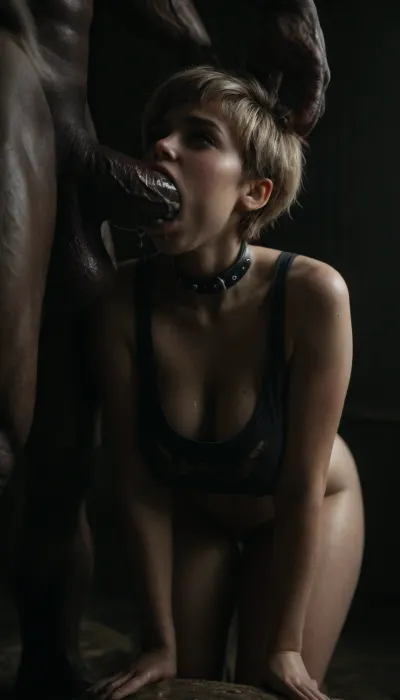 ((giant eyes)), beauty face, small woman, (shiny wet skins), (fat busty), (extreme thin waist), (extreme wide hips fat huge ass:1.12), (short pixie blonde hair), eyelashes, eye shadow, thick leather collar, ripped tank top, ((natural big shaggy hanging breasts:1.3)), (extreme thick giant monster cock), (angle like hentai:1.12), (deepthroat and lot of cum like hentai:1.45), (body proportions like a hentai:1.44), (giant extreme tall giant muscle man width giant penis:1.31), (((size difference))), (((black room))), <lora:dark:.8>, <lora:sagging-000015:.5>