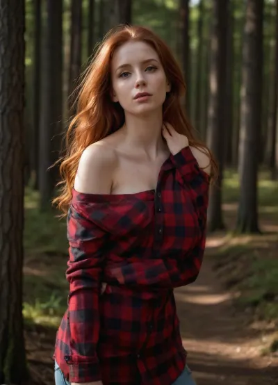 realistic magazine photo, high quality photo, masterpiece, 8k, stunning woman full portrait, random face, random nation, redhead, extra long hair, long oversized red plaid shirt, top of the shirt is unbuttoned, one sleeve of the shirt fallen off shoulder, perfect shape breasts under the shirt, side view, she turned her face to the camera, everything forest on background, sunlight_str1, <lora:sunlight_str1-SDXL_v1-dim64-steps1691:.8>