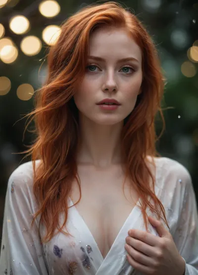 ethereal fantasy concept art of portrait photo of liyasilver person wet redhead hair in, revealing white print kimono, perfect conical shaped breasts, pointy nipples, magnificent, celestial, ethereal, painterly, epic, majestic, magical, fantasy art, cover art, dreamy, bokeh, shallow depth of field