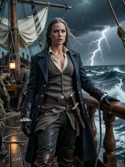 Photorealistic cinematic historical portrait of a Danish / Scandinavian female pirate captain during the Golden Age of Piracy, circa 1715–1725, standing firmly on the rain-soaked deck of her wooden sailing ship in the middle of a violent tropical storm in the Caribbean Sea.

She is a striking Scandinavian woman in her late twenties, fair weathered skin, strong Nordic facial features, pale blue-grey eyes, long ash-blonde hair soaked by rain and whipped wildly by the wind, a few loose strands plastered across her face. She is attractive but rugged and believable, hardened by years at sea rather than glamorous or polished. Her expression is calm, focused and commanding, staring toward the storm ahead with the confidence of an experienced sea captain.

She wears historically plausible practical clothing for an early-18th-century pirate captain, a fitted wool waistcoat, weathered dark wool captain's coat with simple brass buttons, sturdy knee breeches, leather belt and sash, worn leather sea boots, practical gloves, no shirt under her waistcoat, no corset, no dress, no theatrical fantasy armor. Her clothing is expensive enough to suggest that she is the captain but visibly worn, repaired, salt-stained and battered by life at sea.

A practical naval cutlass hangs from her belt. No weapons are being brandished unnecessarily. One hand grips a wet rope or wooden railing to steady herself as the ship rolls beneath her.

Around her, the ship is alive with the storm, towering wooden masts, soaked canvas sails reefed against the gale, rigging pulled taut by the wind, sailors struggling with ropes in the background, rainwater running across the planks, waves exploding against the hull and spraying over the deck. The ship heels dramatically beneath the force of the wind.

Beyond the railing, enormous dark Caribbean waves rise beneath a black storm sky. Lightning briefly illuminates distant storm clouds and the churning sea. Warm lantern light from the ship contrasts subtly with the cold storm light.

Low eye-level three-quarter composition, the captain dominant in the foreground, full or three-quarter body visible, dynamic wind and rain, realistic wet fabric and hair, authentic wooden ship construction, historically grounded details, natural human proportions, atmospheric depth, dramatic but physically believable lighting.

Extremely realistic photography, cinematic historical drama, gritty maritime realism, detailed skin texture, wet clothing, salt spray, rain droplets, realistic storm lighting, subtle film grain, high dynamic range, sharp focus on the captain, background slightly softened by rain and sea spray, no fantasy elements, no glamour photography, no modern styling.