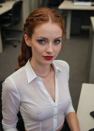 25 y/o redhead fair skin French woman, green eyes, (((skinny busty woman))), view from above, man pov, behind her desk in a cubicle, smirk, red lipstick, soft smile, (extreme deep cleavage:1), ultra detailed, realistic, white collared office blouse shirt, necklace, hair braid