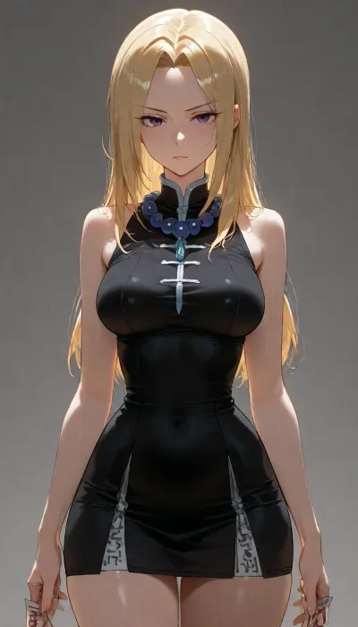 masterpiece, best quality, absurdres, newest, highres, very aesthetic, 1girl, solo, mature female, adult, kyouyama anna, anna kyoyama, shaman king, long blonde hair, shoulder-length hair, blonde hair, purple eyes, beautiful detailed eyes, fair skin, medium breasts, slender, narrow waist, black dress, short dress, sleeveless dress, blue prayer beads, ofuda, traditional japanese accessories, standing, looking at viewer, serious expression, cold expression, confident, simple background, soft lighting, detailed face, detailed eyes, intricate details