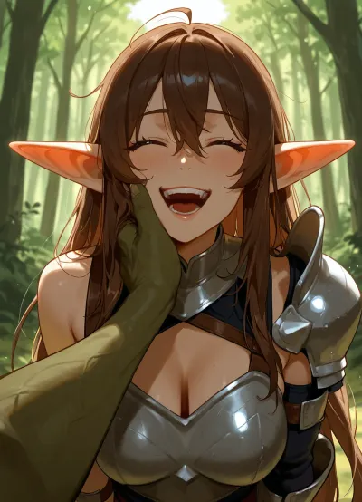 cute female submissive warrior, laughing, (pov, facegrab), long messy brunette hair, sagging breasts, half armor, a goblin pulls her ear with one hand, (one-handed face grab), (goblin hand pulls down her breastplate armor), forest, ((pale breasts)), sharp focus, soft lips, natural lighting, medium breasts, daytime, top askew, ac_neg1, ((struggle)), playful