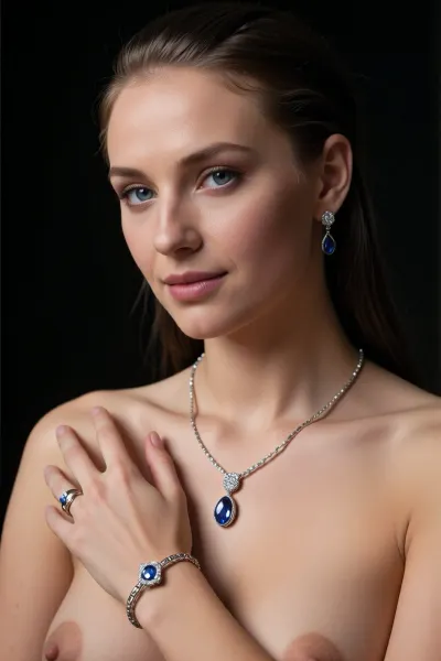 A cinematic, photorealistic advertising shoot for a luxury jewelry campaign. A beautiful elegant woman in her late twenties is shown in a refined close portrait against a dark background. Her clear blue eyes complimenting the color of the gems of the jewelry. Her hair is slicked back or styled cleanly to keep full attention on the jewelry. She is undressed, allowing a matching necklace, earrings, ring, and bracelet to stand out as the hero products.

The lighting is precise and luxurious, with soft highlights catching the sparkle and metallic surfaces of the jewelry while also sculpting her face and collarbones. The mood should feel high-end, exclusive, and polished, like an international luxury brand advertisement. The image should emphasize the craftsmanship and beauty of the jewelry while keeping the woman graceful and aspirational rather than overly posed. Realistic skin texture, realistic hands if visible, detailed gems and metal reflections, elegant posture, premium beauty lighting, dark studio atmosphere, cinematic luxury, high detail, no clutter, realistic and detailed face and eyes.