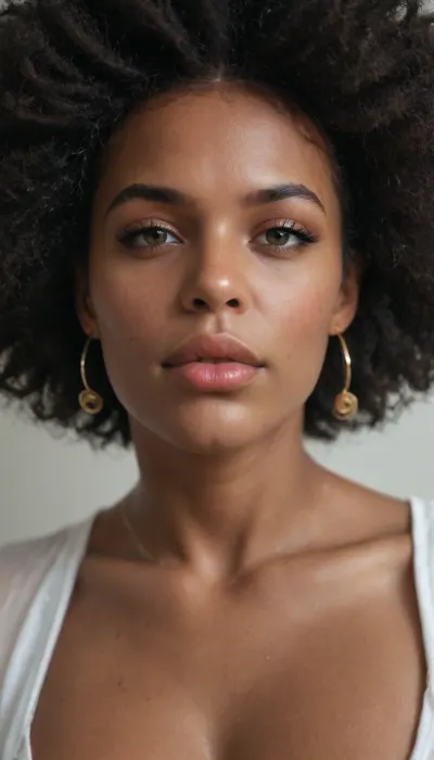 a amateur photo of a Afro woman, (deep black skin), Dark black woman, wide jaw, squared face, ((huge meaty lips)), (((swollen lips))), bloody lips, mystic, profile picture, busty, sensual lady, sensuous smile