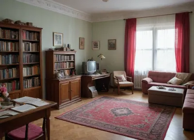 An ordinary cramped room in vintage Soviet style, no doubt girlish, a carpet on the floor, (the room isn't bihger than a standard carpet), a sofa on the left, a painting on the wall above the sofa, a teddy bear on the sofa, a desk under an open window, a tulle curtain on the window, a stack of textbooks and a desk lamp on the desk, hanging bookshelves on the right wall, several books, souvenirs and a small vase with flowers on the shelves, vintage entourage of the USSR era of the 1970s.