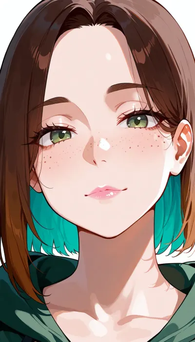 4ng3l, age 26, adult woman, face clearly visible, soft heart-shaped face, gently rounded cheeks with natural cheek fullness, softly rounded jawline, short rounded chin, moderate forehead height, subtle natural facial asymmetry, small-to-medium almond-shaped eyes, muted gray-green eyes with soft blue-gray undertones and a faint hazel ring near the pupil, normal iris size, slightly hooded eyelids, natural eye spacing, soft natural eyelashes, medium-brown eyebrows, straight natural nose with clearly defined bridge, natural width and softly rounded tip, soft natural pink lips with slightly fuller lower lip, relaxed closed-mouth expression, very fair neutral skin, irregular natural freckles across the bridge of the nose and upper cheeks, subtle natural cheek flush, fine visible skin texture, minimal makeup, dark neutral brunette shoulder-length hair, soft loose waves, slightly tousled natural texture, wispy uneven bangs, thin separated fringe strands falling naturally across the forehead, forehead partially visible between strands, soft face-framing pieces around the cheeks, natural individual flyaway hairs, understated portrait, natural facial proportions