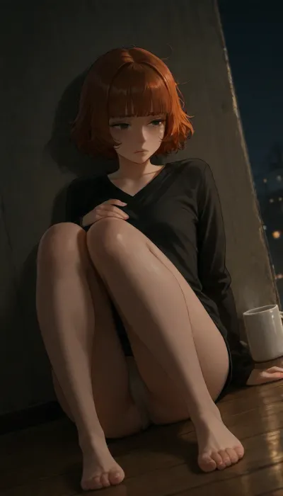 25 years old woman, pale skin, flat chest, short hair, messy hair, fluffy hair, (((straight blunt bangs))), copper hair, ((freckles)), wearing dark-gray tee shirt, crooked panties, thin beige panties, cameltoe, visible labia, (((sitting on the floor against the wall))), (((knees pulled to her chest))), knees together, (feet together), (((she looks slightly downwards))), tears, (head resting on knees), full body fits in frame, (mug stands on the floor), view from far away, solo, night time in a flat, soviet, very dim warm indirect lighting, dutch angle, negativeXL_D, <lora:MJ52:.8>, <lora:Picture_enhancer:.6>, <lora:NaturalBodyV2.0:.8>, <lora:Pussy_pants_nohands_D03_realvizXL2_bucket_01-000010:1.3>, <lora:dark:.8>