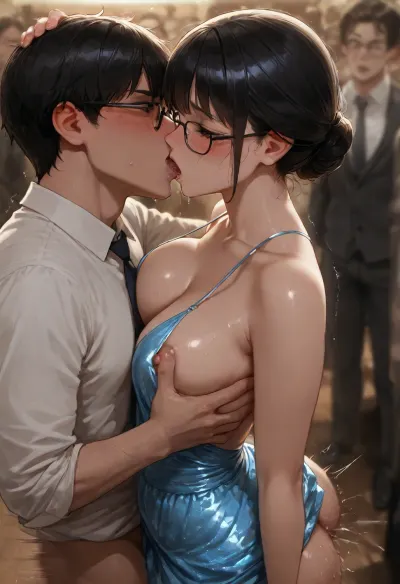 (Nerdy 19yo Vietnamese american girlfriend is enjoying fucking her male prom date for the first time:1.8), (crowded dance floor), (awkward, eager, virgin sex), (taboo), (orgasm), (cumming), (he presses her against the crowd with her hands above her head), (he wraps his arms around her and fingers her wet hairy vagina), (passionate kiss), (groping), small breasts, Glasses., (thick public hair), (long smooth black hair escaping from a fancy updo), (aroused:1.8), (hard nipples), (blushing:1.6), (trembling), (Wearing blue satin prom gown:1.2), Photorealistic, (focus on perfect face:1.2), french kiss, <lora:dark:1.1>, <lora:french_kiss_xl_v1:.8>, (creampie), (impregnated)