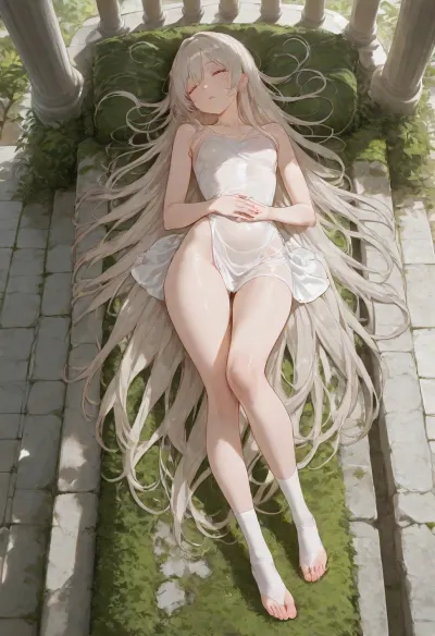lean body, (Petite 20 years girl, very skinny, perfect feet, platinum blonde hair, very long hair, ultra high details, detailed face, beautiful bright yellow eyes, extremely long eyelashes, very big tits, small cute butt, long legs), full body view, naked bust, white toeless stocking, transparent short dress, extremely transparent dress, transparent clothes, uncovered breasts, naked breasts, visible nipples, no underwear, sleeping pose, laying on a moss covered stony balcony, sleeping, lying on her back, natural daylight, top view, ac_neg1, <lora:Thigh_gap_SDXL:1>, <lora:viola:1.5>