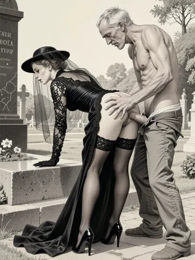 This is is a detailed monochromatic pencil drawing in a classical illustrative style depicts a scene set in Russian, in 1950s, full portrait of a beautiful widow, She's bent over low in a cemetery park monument near the cemetery monument, show her ass, she is wearing a long sleeved intricate lace black widow gown, widow hat, black transparent veil, stockings, side view, upskirt shot, looking away, middle distance, ptheels, high, heels, standing nearby is a sleazy old homeless man 90yo with his pants unbuttoned, he roughly fucks her hard, He holds her hips tightly with his hands, The overall mood is intense, rendered in fine, expressive line work and subtle shading, evoking the style of 1950s satirical or moralistic illustrations.