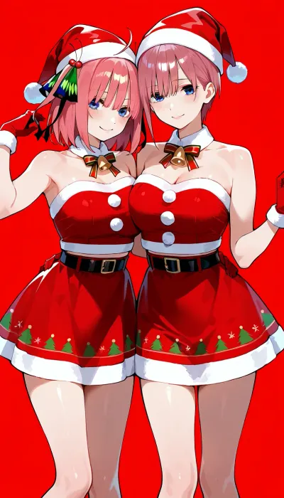 cute, 2 girls, Nino Nakano, Ichika Nakano, posing, christmas hat, christmas skirt, gloves, colour background, christmas collar, christmas ribbons, front view, "Merry Christmas" Skirts up.