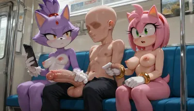 Blaze the cat from the Sonic the hedgehog franchise, anthro, small body, thin body, (Blaze the cat have her white gloves), 22 years old, Beautiful small body, flat boobs, completely nude, Amy Rose from the Sonic the hedgehog, (very accurate Amy rose face), (Amy Rose have her white gloves with golden bracelets), In a subway, (very detailed subway interior), Male anon, male anon is wearing white buttoned down office shirt, male anon is wearing black trousers, male anon is wearing office shoes, male anon pants are pulled down, big penis, (Shaved penis), big balls, Blaze the cat and Amy Rose are jerking off male anon penis with their hands, (handjob), they are sitting, male anon is sitting between Blaze the cat and Amy Rose, masterpiece, very detailed image, 4k image