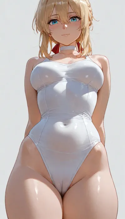 Violet Evergarden, long blonde hair, 20 years old, beautiful slim body, medium natural breasts, slender, wide hips, narrow wais, portrait, beautiful eyes, looking at viewer, white choker, soft smile, flushed cheeks, blushing, (standing, white background:1.3), detailed shadows, sexy pose, hands behind her back, (sheer white swimsuit, pokies, cameltoe:1.3), big expressive eyes, view from below