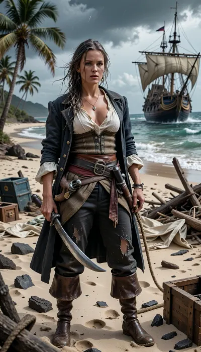 Photorealistic cinematic historical portrait of a Danish / Scandinavian female pirate captain from the Golden Age of Piracy, circa 1715–1725, stranded after her ship was wrecked, standing on a remote tropical Caribbean island in the aftermath of a storm.

She is a striking Scandinavian woman in her late twenties, with fair weathered skin, strong Nordic facial features, pale blue-grey eyes, and long ash-blonde hair, tangled, damp and windblown from the storm. She is attractive but rugged, believable and hardened by years at sea, not glamorous or polished. Her expression shows exhaustion, resolve and quiet defiance as she surveys the island and the wreckage of her lost ship.

She wears historically plausible practical clothing for an early-18th-century pirate captain, now damaged by the wreck, a soaked and torn linen shirt with an open collar, weathered wool waistcoat, battered dark captain’s coat or coat draped partly open, worn knee breeches, leather belt and sash, salt-stained leather boots, practical seafaring clothing with visible wear, mud, sand and seawater damage. Her outfit should still suggest she was the captain, but now it is torn, dirty and battered by storm and shipwreck. No corset, no dress, no fantasy armor, no theatrical costume.

A period-correct naval cutlass still hangs at her side, and perhaps an old flintlock pistol remains tucked into her sash, both weathered and wet from the wreck. She may be holding a piece of driftwood, rope, or resting one hand on the hilt of her cutlass.

The environment is a lush tropical Caribbean island, pale sand, scattered palm trees bent by the recent storm, broken driftwood, torn sailcloth, snapped spars, crates, and wreckage from her pirate ship scattered along the beach. In the distance offshore, the shattered remains of her wooden sailing ship can be seen smashed against rocks or half-submerged in the surf. Dark storm clouds are beginning to break apart, with dramatic shafts of sunlight emerging through the clouds and reflecting on the sea.

Low eye-level or slightly cinematic three-quarter composition, full-body or three-quarter body framing, the shipwrecked captain as the dominant subject in the foreground, wreckage and tropical scenery around her, wet sand, foam from the waves, realistic fabric, realistic anatomy, authentic historical details, dramatic but believable natural light, atmospheric depth.

Extremely realistic photography, cinematic historical drama, gritty maritime realism, detailed skin texture, damp hair, torn wet clothing, sea spray, storm aftermath, high detail, sharp focus on the captain, subtle film grain, no fantasy elements, no glamour pose, no modern styling.