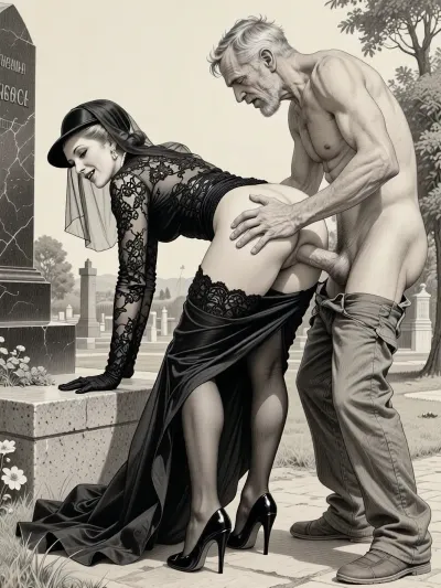 This is is a detailed monochromatic pencil drawing in a classical illustrative style depicts a scene set in Russian, in 1950s, full portrait of a beautiful widow, She's bent over low in a cemetery park monument near the cemetery monument, show her ass with slutty smile she is wearing a long sleeved intricate lace black widow gown, widow hat, black transparent veil, stockings, side view, upskirt shot, looking away, middle distance, ptheels, high, heels, standing nearby is a sleazy old homeless man 90yo with his pants unbuttoned, he roughly fucks her hard, He holds her hips tightly with his hands, The overall mood is intense, rendered in fine, expressive line work and subtle shading, evoking the style of 1950s satirical or moralistic illustrations.
