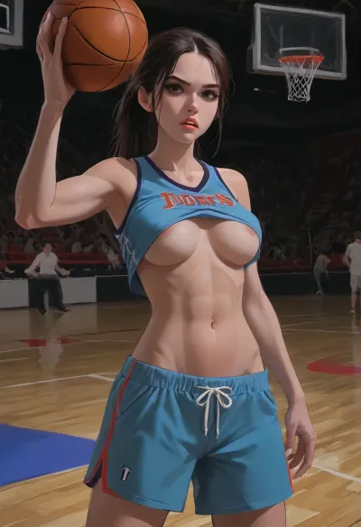 (side perspective), Sexy girl basketball player, on basketball court, angry, snarling, (hyper detailed), dribbling up court, pointing forward, side boob, midriff jersey, underboob, sideboob, toned abs, large saggy breasts, no bra, (SamDoesArts:.9), drawing, (J_cartoon:1.3), (incase:.5), <lora:SDXLSamDoesArts:.5>, <lora:mk_Bp Anime_xl:.2>, <lora:EnvyAnimeDigitalPaintingXL01:.1>, <lora:ratatatat74-000050:.1>, <lora:J_cartoon:.1>