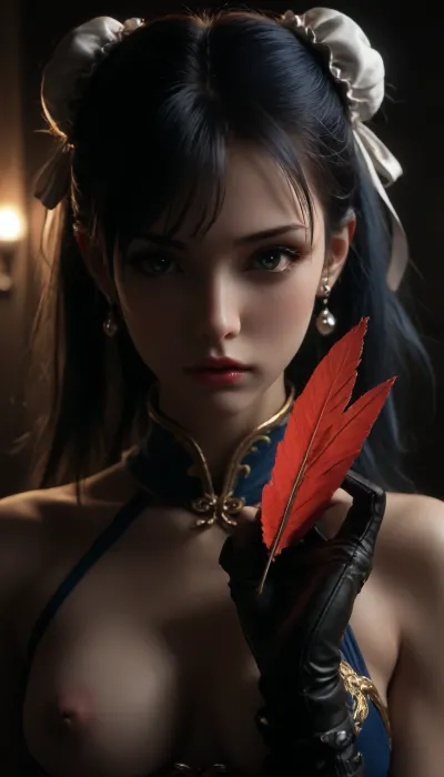 ((Portrait)), a hyper realistic ultra detailed photograph of a beautiful girl at a dark bedroom at night, blue hair, gloves, long wild hair, perfect face, perfect nose, full lips, strictly pose, detailed symmetric beautiful green eyes, detailed gorgeous face, chun li, environment, exquisite detail, ((upper body)), ((skinny body, medium height)), front view, long eyelashes, ((inverted nipples)), ((exaggerated breasts)), close up view, feather, 111cine8matic55, masterpiece, 32k, (Masterpiece), high quality, Volumetric Lighting, backlight, sexy, vibrant, stunningly beautiful, crisp, hyper realistic, sleek, red highlights, red shadows, <lora:dark:.5>