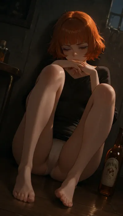 25 years old woman, pale skin, flat chest, short hair, messy hair, fluffy hair, (((straight blunt bangs))), copper hair, ((freckles)), wearing dark-gray long tee shirt, wearing white panties, cameltoe, bruised knees, (((sitting on the floor against the wall))), (((legs on the floor))), legs straightened, legs stretched, legs forward, legs apart, (((she looks slightly downwards))), thoughtful expression, tears, (head tilted), leaning on hands, full body fits in frame, (one alcohol bottle stands on the floor), view from far away, solo, night time in a flat, soviet, very dim warm indirect lighting, dutch angle, negativeXL_D, <lora:MJ52:.8>, <lora:Picture_enhancer:.6>, <lora:NaturalBodyV2.0:.8>, <lora:dark:.8>