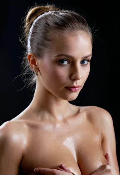 A cinematic, photorealistic advertising shoot for a luxury jewelry campaign. A beautiful elegant woman in her late twenties is shown in a refined close portrait against a dark background. Her clear blue eyes complimenting the color of the gems of the jewelry. Her hair is slicked back or styled cleanly to keep full attention on the jewelry. She is undressed, allowing a matching necklace, earrings, ring, and bracelet to stand out as the hero products.

The lighting is precise and luxurious, with soft highlights catching the sparkle and metallic surfaces of the jewelry while also sculpting her face and collarbones. The mood should feel high-end, exclusive, and polished, like an international luxury brand advertisement. The image should emphasize the craftsmanship and beauty of the jewelry while keeping the woman graceful and aspirational rather than overly posed. Realistic skin texture, realistic hands if visible, detailed gems and metal reflections, elegant posture, premium beauty lighting, dark studio atmosphere, cinematic luxury, high detail, no clutter, realistic and detailed face and eyes.