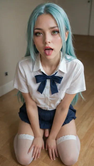 (tensei shitara slime datta ken), rimuru tempest, androgynous hourglass figure, aqua hair, chest focus, blush, school mini-skirt, white button-down shirt, ribbon, embarrassed, full body, long thick eyelashes, eyeliner, mascara, thin lips, red lipstick, hard erect nipples, huge ass, long hair, ((sensual seductive kneeling, open mouth, tongue out:1.3)), out of frame man with larger penis, naughty smile, nude, penis, shoes, small penis, testicles, thick thighs, thighhighs, thighs, trap, tucked penis, yaoi, yellow eyes, (great angle view)