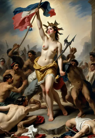 Paintings of the era, Eugene Delacroix, "Liberty Leading the People", in a new way from AI, full-length and all naked