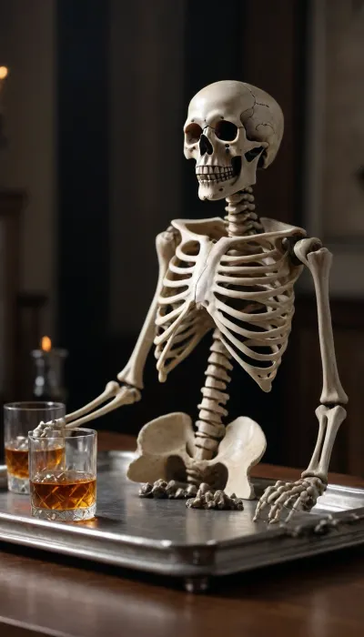 bare bones skeleton, brings you glass of whiskey, on silver tray, (anatomically correct skeleton)