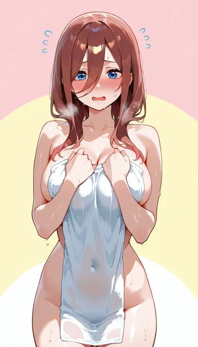 cute, Miku Nakano, panic, open mouth, red face, nervous, towel, nude, colour background, front view