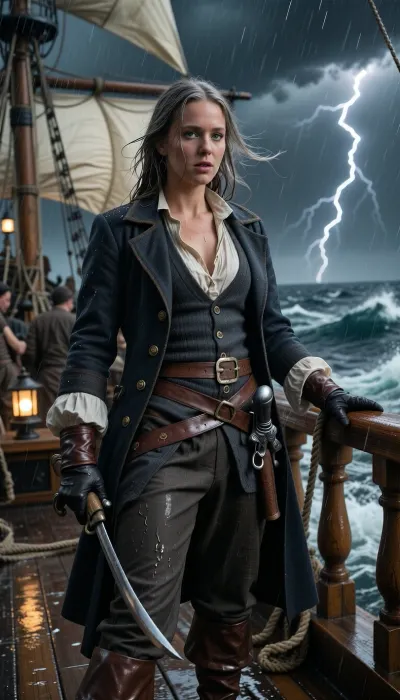 Photorealistic cinematic historical portrait of a Danish / Scandinavian female pirate captain during the Golden Age of Piracy, circa 1715–1725, standing firmly on the rain-soaked deck of her wooden sailing ship in the middle of a violent tropical storm in the Caribbean Sea.

She is a striking Scandinavian woman in her late twenties, fair weathered skin, strong Nordic facial features, pale blue-grey eyes, long ash-blonde hair soaked by rain and whipped wildly by the wind, a few loose strands plastered across her face. She is attractive but rugged and believable, hardened by years at sea rather than glamorous or polished. Her expression is calm, focused and commanding, staring toward the storm ahead with the confidence of an experienced sea captain.

She wears historically plausible practical clothing for an early-18th-century pirate captain, a rain-darkened linen shirt with an open collar, fitted wool waistcoat, weathered dark wool captain's coat with simple brass buttons, sturdy knee breeches, leather belt and sash, worn leather sea boots, practical gloves, no corset, no dress, no theatrical fantasy armor. Her clothing is expensive enough to suggest that she is the captain but visibly worn, repaired, salt-stained and battered by life at sea.

A practical naval cutlass hangs from her belt and a period-correct flintlock pistol is tucked securely into her sash. No weapons are being brandished unnecessarily. One hand grips a wet rope or wooden railing to steady herself as the ship rolls beneath her.

Around her, the ship is alive with the storm, towering wooden masts, soaked canvas sails reefed against the gale, rigging pulled taut by the wind, sailors struggling with ropes in the background, rainwater running across the planks, waves exploding against the hull and spraying over the deck. The ship heels dramatically beneath the force of the wind.

Beyond the railing, enormous dark Caribbean waves rise beneath a black storm sky. Lightning briefly illuminates distant storm clouds and the churning sea. Warm lantern light from the ship contrasts subtly with the cold storm light.

Low eye-level three-quarter composition, the captain dominant in the foreground, full or three-quarter body visible, dynamic wind and rain, realistic wet fabric and hair, authentic wooden ship construction, historically grounded details, natural human proportions, atmospheric depth, dramatic but physically believable lighting.

Extremely realistic photography, cinematic historical drama, gritty maritime realism, detailed skin texture, wet clothing, salt spray, rain droplets, realistic storm lighting, subtle film grain, high dynamic range, sharp focus on the captain, background slightly softened by rain and sea spray, no fantasy elements, no glamour photography, no modern styling.