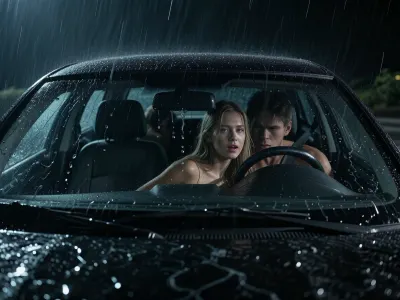 Ultra photorealistic cinematic night photography, extreme low key lighting, deep underexposure, harsh storm atmosphere, violent rain, heavy water streaks, strong contrast, deep black shadows, cold wet reflections, dramatic moody realism, subtle cinematic grain, sharp foreground texture combined with rain softened visibility, shallow depth of field with controlled focus, high microcontrast, dim practical light sources, oppressive darkness, bleak hostile weather, all surfaces drenched, tense and unsettling visual tone, the scene begins outside a parked car at night during a storm, rain pounds relentlessly onto the windshield, water runs in heavy rivulets across the glass, droplets, streaks and distortion partially obscure the interior, blurred reflections and wet glass, the parked car sits isolated in the dark, every visible surface slick with rain, the atmosphere is miserable, cold, wind lashed and deeply uncomfortable, the visual emphasis is on darkness, storm intensity, wet texture, The car windows are heavily fogged up on the inside, voyeuristic perspective, while, a couple has backseat sex in their parking car, The seat backrests are lowered, so there is enough space, a female sweaty athletic upper body is on all fours, visible through the windshield, The windows are fogged up on the inside, Behind the wet, fogged-up panes, their bodies are barely visible in the darkness, 28 years old, with a shadowed orgasm face, The couple has uninhibited sex and forgets everything around them, The vigorous movements make her long blonde hair fly back and forth, bouncing tits in darkness, The rain drumming against the windshield blurs her view, Windows fogged up on the inside, The sight of her body vanishes into the darkness of the shadow