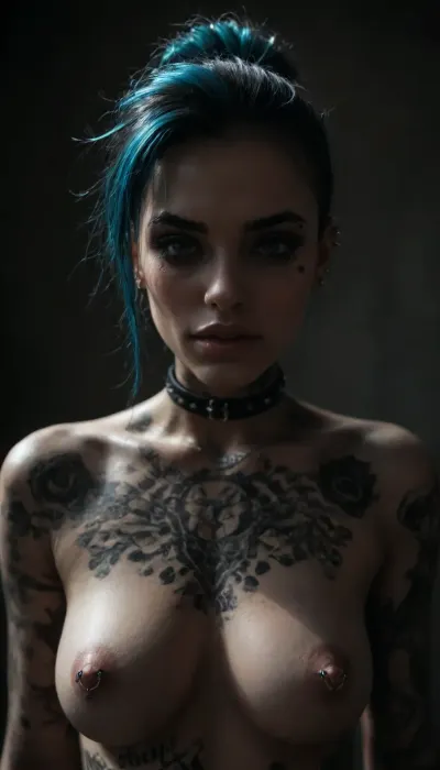 Emo punk, 21, (insanely sexy:1.5), elegant, slim, perfect breasts, very big bimbo lips, slim nose, big blue eyes, (aristocratic facial features), blue hair, very long eyelashes, oval face, thin eyebrows, (narrow face:1.3), strong makeup, (colourful body tattoos:1.5), (piercings:1.7), collar, (mascara tears:1.3), (ruined punk hairstyle:1.4), errected nipples, eye contact, (hint of a smile), (cheeky:1.5), (excessive cum in mouth:1), sunshine, shadows, detailxl, 1girl, emo, girl, <lora:Portrait_perfection:2>, <lora:2010s_Emo_Style_XL:2>, <lora:dark:.1>, <lora:detailer-xl:1.3>