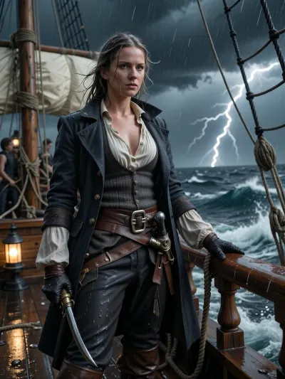 Photorealistic cinematic historical portrait of a Danish / Scandinavian female pirate captain during the Golden Age of Piracy, circa 1715–1725, standing firmly on the rain-soaked deck of her wooden sailing ship in the middle of a violent tropical storm in the Caribbean Sea.

She is a striking Scandinavian woman in her late twenties, fair weathered skin, strong Nordic facial features, pale blue-grey eyes, long ash-blonde hair soaked by rain and whipped wildly by the wind, a few loose strands plastered across her face. She is attractive but rugged and believable, hardened by years at sea rather than glamorous or polished. Her expression is calm, focused and commanding, staring toward the storm ahead with the confidence of an experienced sea captain.

She wears historically plausible practical clothing for an early-18th-century pirate captain, a rain-darkened linen shirt with an open collar, fitted wool waistcoat, weathered dark wool captain's coat with simple brass buttons, sturdy knee breeches, leather belt and sash, worn leather sea boots, practical gloves, no corset, no dress, no theatrical fantasy armor. Her clothing is expensive enough to suggest that she is the captain but visibly worn, repaired, salt-stained and battered by life at sea.

A practical naval cutlass hangs from her belt and a period-correct flintlock pistol is tucked securely into her sash. No weapons are being brandished unnecessarily. One hand grips a wet rope or wooden railing to steady herself as the ship rolls beneath her.

Around her, the ship is alive with the storm, towering wooden masts, soaked canvas sails reefed against the gale, rigging pulled taut by the wind, sailors struggling with ropes in the background, rainwater running across the planks, waves exploding against the hull and spraying over the deck. The ship heels dramatically beneath the force of the wind.

Beyond the railing, enormous dark Caribbean waves rise beneath a black storm sky. Lightning briefly illuminates distant storm clouds and the churning sea. Warm lantern light from the ship contrasts subtly with the cold storm light.

Low eye-level three-quarter composition, the captain dominant in the foreground, full or three-quarter body visible, dynamic wind and rain, realistic wet fabric and hair, authentic wooden ship construction, historically grounded details, natural human proportions, atmospheric depth, dramatic but physically believable lighting.

Extremely realistic photography, cinematic historical drama, gritty maritime realism, detailed skin texture, wet clothing, salt spray, rain droplets, realistic storm lighting, subtle film grain, high dynamic range, sharp focus on the captain, background slightly softened by rain and sea spray, no fantasy elements, no glamour photography, no modern styling.