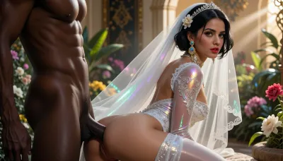 White Persian milf interracial, black hair, wedding dress with veil, interracial, interracial sex, black Dick fucking pussy, big tall muscular black man, red lipstick, stockings, hourglass figure, natural skin texture, hyperrealism, jewelry, ornate gold earrings, precious gems, flower, short hair, detailed hair, beautiful faces, detailed face, beautiful eyes, detailed iris, detailed eyes, high quality photo, complementary colours tulle cape, ornate shiny body paint, fluorescent erotic, breathtaking beauty, pure perfection, peaceful, sensual, seductive, bokeh, beautiful Persian garden, iridescent and luminescent scales, subtropical flowers and plants, warm ambient light, fantasy, dramatic, shadows, nostalgia, rays of the sun, blissful, radiant, clear focus, divine presence, unforgettable, impressive, Three-dimensional light, auras, rays, bright reflections of colors, neon atmosphere, intricate complexity, photorealistic cinematic lighting, a masterpiece, neon lights, dim volumetric lighting, 8k octane beautifully detailed render, post-processing, extremely hyper detailed, realistic, short black hair, extremely long hair, slender erected tits, elastic tits, doggystyle sex, fucked from behind, side view