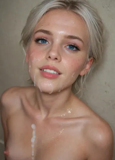 uper close shot of bukkake, (viewed from side and above, shy erotic orgasmic happy expression), eyes looking at viewer, 18 yo, innocent face, hd dark blue eyes and detailed iris, cumshots, facial portrait picture of her face in cum facial, with natural minimal makeup, a lot of thick runny wet Cum on her face, cum on her eyelashes, Cum on her eyelids, Cum on her cheek skin, her face wet dripping thick Cum, Cum on her lips. cum on hair, dripping cum, woman, on, face, runny dripping cum between breasts, cum over her nipples, (short white hair in high twin tails), flat, chested, <lora:JustCum:2>, <lora:flat_chested_v3.5:2>