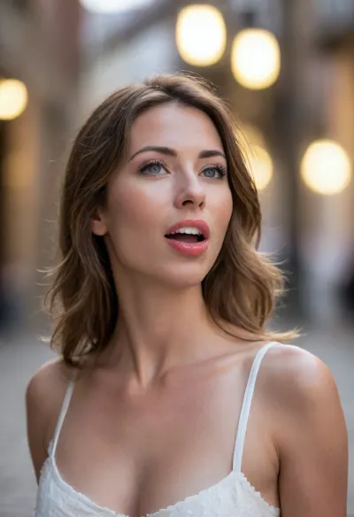 a breathtaking, hyper-realistic cinematic shot captured in the honeyed, golden morning light of a quaint German town, where the air is still and the cobblestones glisten. The focus is an 18-year-old brunette with a deep, intense tan that glows against her slender, athletic physique, her skin rendered in such high resolution that every pore and sun-kissed freckle is visible. She is captured in a moment of uninhibited public exposure amidst the waking bustle of the street, wearing an extremely short, low-buttoned minidress that barely clings to her narrow waist and flat stomach, while a daring "nip-slip" seductively reveals her small breasts. Her piercing dark blue eyes hold a quiet, knowing smile as she kneels on the rough pavement, her flat sandals and designer handbag discarded carelessly beside her. The composition centers on an immediate, explicit act of intimacy, she is captured mid-action, taking the penis of a standing man deep into her mouth, her lips tightly enclosing his cock in an intense, visceral blowjob. The man, caught in a state of total shock and sensory overload, is depicted at the peak of release, ejaculating powerfully right into her mouth. A shallow depth of field blurs the picturesque, half-timbered architecture into a soft, creamy bokeh, (ensuring that the vivid detail of her glowing skin and the glistening moisture of the act are the absolute focal point of the frame.cock on mouth:1.9)