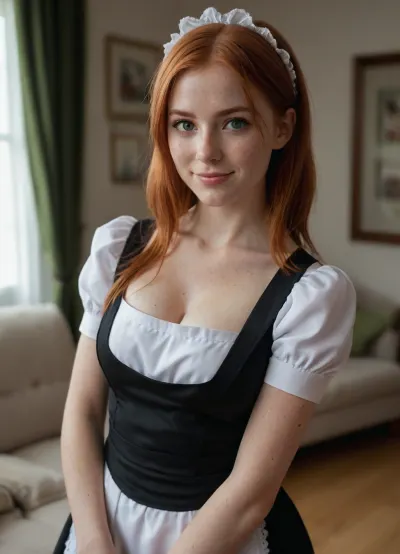 Maid Costume, Cleaning, 25yo Woman, perfect lighting, ultra-realistic, 8k resolution, ultra-detailed, Instagram model, professional photography, in the living room, long straight redhead hair color, green eyes, shoulder-length short hair, exposed breasts, Cosplay sexy Maid Costume, Medium breasts, shy smile, Nordic, Playful, freckles on the face, slim body, athletic figure, lifelike face, real face