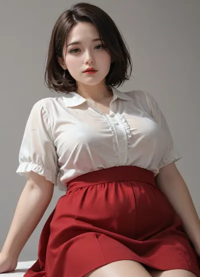 chubby woman, skirt, blouse, wet, seductive eyes, red lips, soft and tender, dynamic angle, gray background