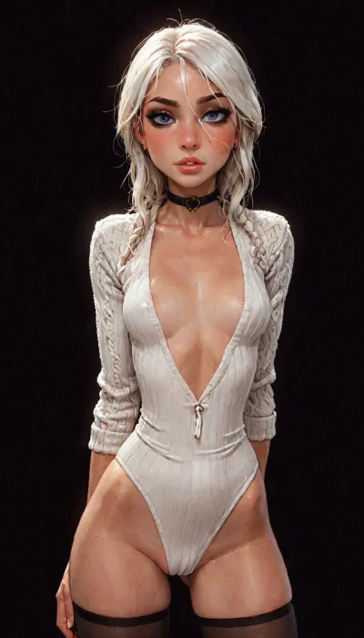 (reiq meets innv and Jack cayless art style), (Incase style:1.2), beautiful girl, (black eyeliner:1.3), (((solo))), (black choker), (narrow waist:1.3), (sexy abs:1.1), (ruined makeup:.6), bangs over eye, symmetrical blue eyes, snub nose, plumb lips, parted lips, teeth visible, (half-closed eyes), small breasts, (erect puffy nipples), 1girl, ((face focus)), (face closeup), beads of sweat, sweat body, beautiful curves of the body, (seductive face:1.3), (black stockings), (plunging neckline), (pussy cameltoe:1), realistic detailed, deep insertion, intim light, (white knit swimsuit:1.5), (upper body view), (simple dark background:1.8), skin texture, futuristic-fantasy-anime, incase, style, (ciri), (cirilla), <lora:sd_xl_turbo_lora_v1-64dim:2>, <lora:futureistic_fantasy_anime_sdxl_v1:2>, <lora:Incase_Style__SDXL:2>, <lora:Witcher3TurnXL_v1:.8>