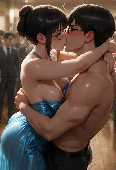 (Nerdy 19yo Vietnamese american girlfriend is enjoying fucking her male prom date for the first time:1.8), (crowded dance floor), (awkward, eager, virgin sex), (taboo), (orgasm), (cumming), (he presses her against the crowd with her hands above her head), (he wraps his arms around her and fingers her wet hairy vagina), (passionate kiss), (groping), small breasts, Glasses., (thick public hair), (long smooth black hair escaping from a fancy updo), (aroused:1.8), (hard nipples), (blushing:1.6), (trembling), (Wearing blue satin prom gown:1.2), Photorealistic, (focus on perfect face:1.2), french kiss, <lora:dark:1.1>, <lora:french_kiss_xl_v1:.8>