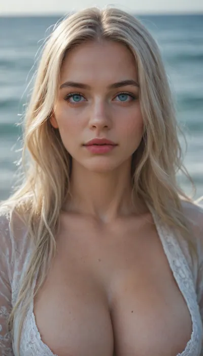 Portrait of a Middle Aged Woman, Perfect Face, Perfect Eyes, long blond hair, looking to viewer, icy blue eyes, massive large breasts, sea behind in the backround.