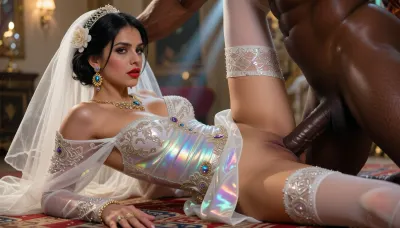 White Persian milf interracial, black hair, wedding dress with veil, interracial, interracial sex, black Dick fucking pussy, big tall muscular black man, red lipstick, stockings, hourglass figure, natural skin texture, hyperrealism, jewelry, ornate gold earrings, precious gems, flower, short hair, detailed hair, beautiful faces, detailed face, beautiful eyes, detailed iris, detailed eyes, high quality photo, complementary colours tulle cape, ornate shiny body paint, fluorescent erotic, breathtaking beauty, pure perfection, peaceful, sensual, seductive, bokeh, Lying on the floor, In Tehran City, iridescent and luminescent scales, warm ambient light, fantasy, dramatic, shadows, nostalgia, rays of the sun, blissful, radiant, clear focus, divine presence, unforgettable, impressive, Three-dimensional light, auras, rays, bright reflections of colors, neon atmosphere, intricate complexity, photorealistic cinematic lighting, a masterpiece, neon lights, dim volumetric lighting, 8k octane beautifully detailed render, post-processing, extremely hyper detailed, realistic, short black hair, extremely long hair, slender erected tits, elastic tits, doggystyle sex, fucked from behind, side view