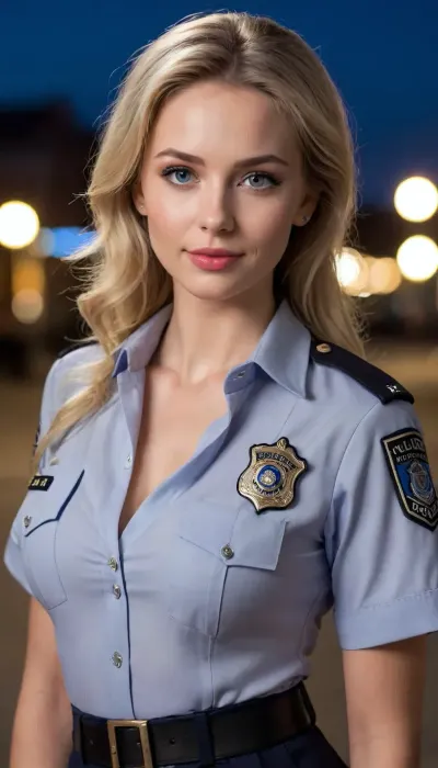 (Sexy Sweet Tempting Woman), Professional modelposes, supermodel, perfect lighting, ultra realistic, 8k resolution, ultra detailed, instagram model, professional photography, night, dim lighting, ((Police)), luxurious ash blond hair, style updo hairstyle, Blue eyes, Sexy lips, ((Sexy Police uniform)), Tight clothing, pale skin, natural big round breasts, shy smile, nordic, flirty, bashful, seductive, lusty, playful, Healthy slim body, Tall, very long legs, hourglass figure, Sweet face, perfect face, lifelike face, real face, very beautiful face, detailed face