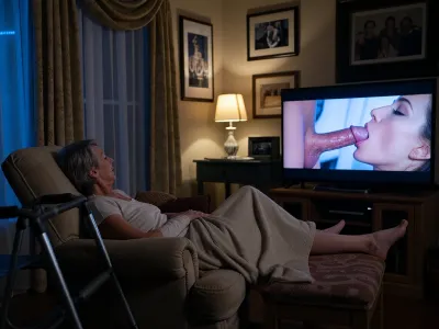 Small, warmly decorated retirement home room at night, a 75 year old woman with gray hair asleep in a cushioned armchair, blanket over her legs, walker nearby, family photos on the walls, curtains drawn, room lit only by the TV’s soft blue glow, TV playing a adult porn movie with a anatomically correct depiction of a blow job, penis sucking beautiful female face depicted in crisp and high-contrast detail, screen is the sharpest element, everything else softly in shadow, quiet intimate atmosphere