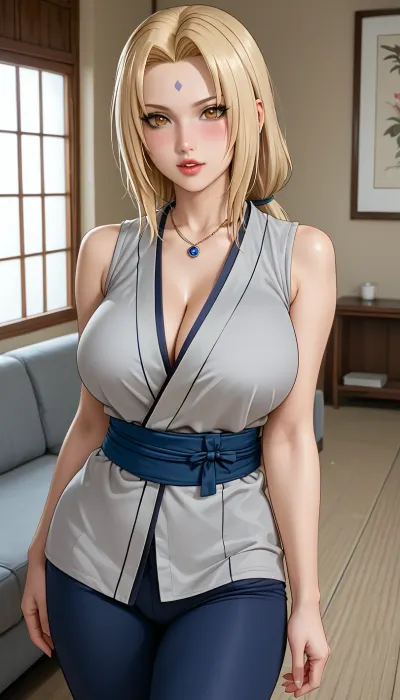 Tsunade Senju from naruto, Tsunade on naruto, (drawing like in the anime Naruto, like a naruto anime, cartoon, like naruto, anime naruto, anime, hentai, linear art), curvy, 1girl, (thick:1.2), (fit thighs, proportionate thighs), ((private room background, ample windows, sofa behind)), (huge breasts:1.1), (wide_hips), (sleeveless grey kimono, necklace, dark navy blue obi, dark navy blue leggings), (sensual expression, blush, parted lips), ((lips, pouts)), ((beautiful blonde hair, straight hair, long hair, golden-brown eyes)), lips, standing, style Naruto, style anime Naruto, 2D, 2D art, no 3D, no realism, frescoed style, 2D anime art, hentai art