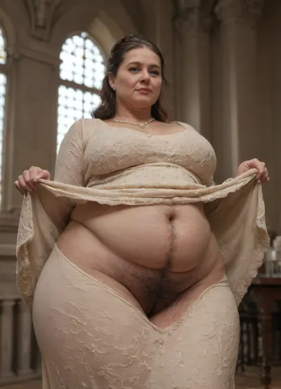 (fatty mature woman), ((hairy:1.6)), The front of the skirt is raised up., ((complex high hairstyle)), ((front, dress, lift up, stomach)), ((natural intense hair growth of the genitals)), ((slightly raised hem of the dress)), ((fat folds in the hips and pelvis:1.4)), .wearing a 18th century dress, holding a fan in her hand, LIFT, UP, DRESS, CURTSEY, FROM, BELOW, rim light, in a castle, embroidery, intricate details, taffeta, silk, black lace, photography, 4K, 8K, cinematic in sthe style of barry lindon, (obese:1.1), bokeh, romantic, upskirt, vagina, out, rear, shot, front, <lora:rococo:1>, <lora:upskirt:.8>, <lora:kittyklaw_sdxl:.8>, <lora:hair_style:.8>