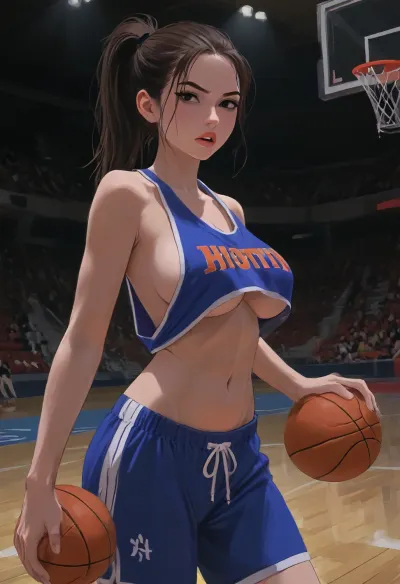 (side perspective), Sexy girl basketball player, on basketball court, angry, snarling, (hyper detailed), dribbling up court, pointing forward, side boob, midriff jersey, underboob, sideboob, toned abs, large saggy breasts, no bra, (SamDoesArts:.9), drawing, (J_cartoon:1.3), (incase:.5), <lora:SDXLSamDoesArts:.5>, <lora:mk_Bp Anime_xl:.2>, <lora:EnvyAnimeDigitalPaintingXL01:.1>, <lora:ratatatat74-000050:.1>, <lora:J_cartoon:.1>