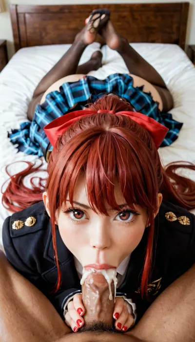 yoshizawa_kasumi, 1girl, 1boy, fellatio, oral, hetero, hughe penis, pantyhose, extremely long red_hair, looking_at_viewer, big round red_eyes, ponytail, pov, jacket, school_uniform, skirt, Extremly long_hair, bow, cum, bed, solo_focus, torn_clothes, no_shoes, hair_bow, indoors, clothed_female_nude_male, black_jacket, feet, on_bed, plaid, long_sleeves, black_pantyhose, plaid_skirt, torn_pantyhose, gigantic hughe erection, red_bow