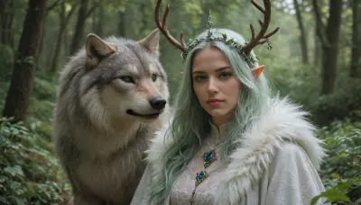 elf hight priestess of nature, pure white sheer dress, silver wolf fur coat, antler crown, stone altar in the middle of a forest clearing, moss green hair, bright luminescent blue eyes, silver runes tatoo