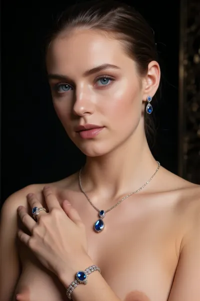 A cinematic, photorealistic advertising shoot for a luxury jewelry campaign. A beautiful elegant woman in her late twenties is shown in a refined close portrait against a dark background. Her clear blue eyes complimenting the color of the gems of the jewelry. Her hair is slicked back or styled cleanly to keep full attention on the jewelry. She is undressed, allowing a matching necklace, earrings, ring, and bracelet to stand out as the hero products.

The lighting is precise and luxurious, with soft highlights catching the sparkle and metallic surfaces of the jewelry while also sculpting her face and collarbones. The mood should feel high-end, exclusive, and polished, like an international luxury brand advertisement. The image should emphasize the craftsmanship and beauty of the jewelry while keeping the woman graceful and aspirational rather than overly posed. Realistic skin texture, realistic hands if visible, detailed gems and metal reflections, elegant posture, premium beauty lighting, dark studio atmosphere, cinematic luxury, high detail, no clutter, realistic and detailed face and eyes.